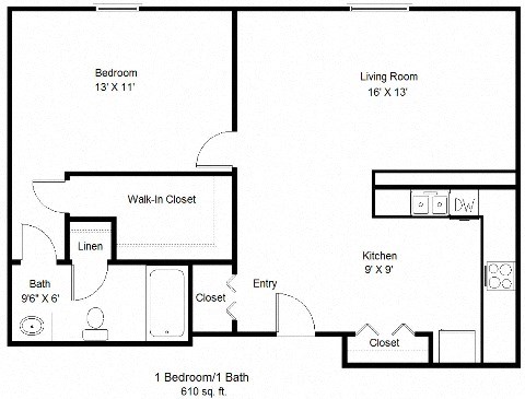 Floor plan for 1 bed, 1 bath, 605 sqft